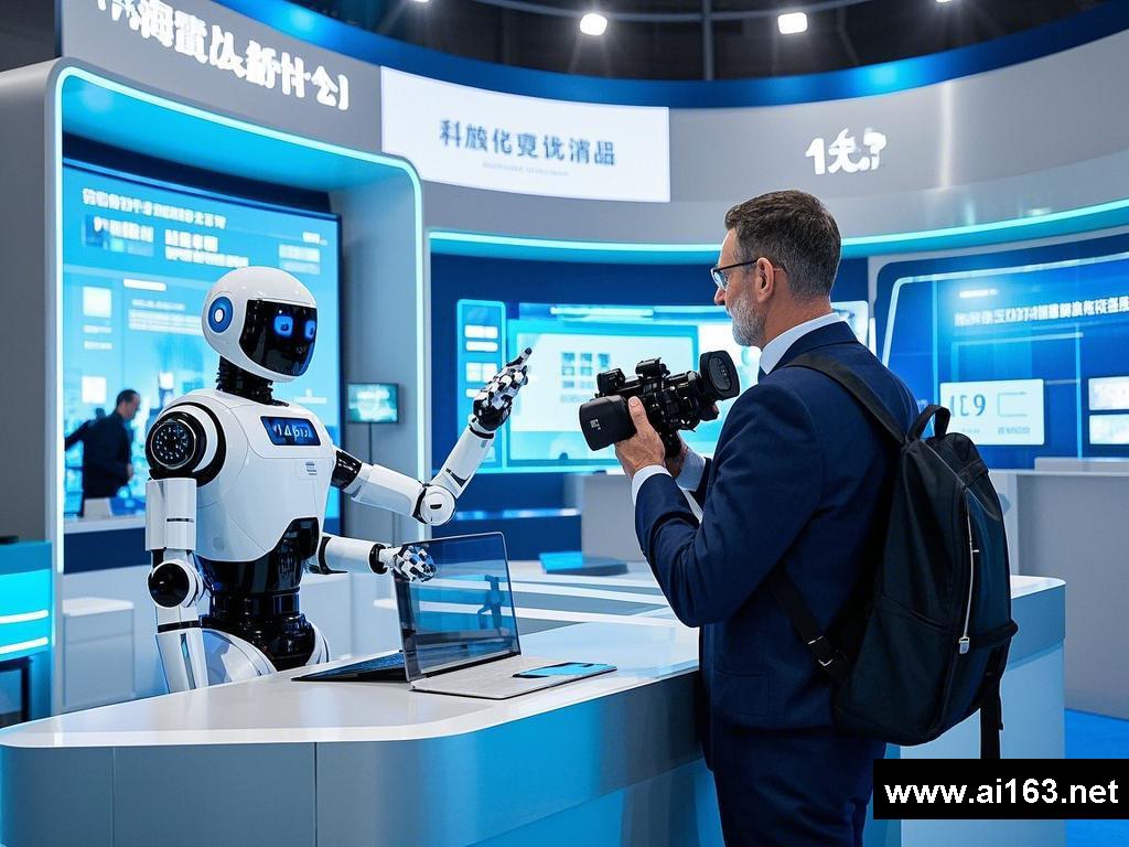记者、服务机器人与展位、科技趋势、经济的故事